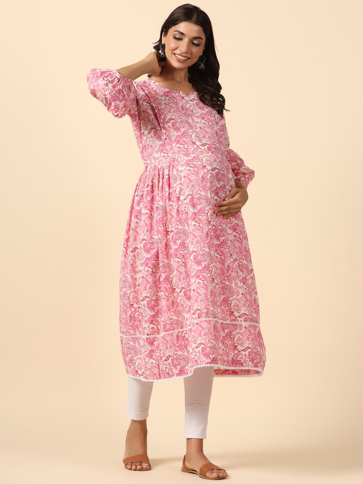 Floral Duality Pink Maternity & Nursing Kurta