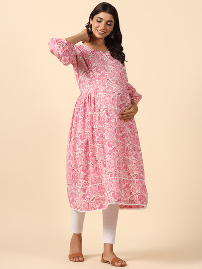 Floral Duality Pink Maternity & Nursing Kurta