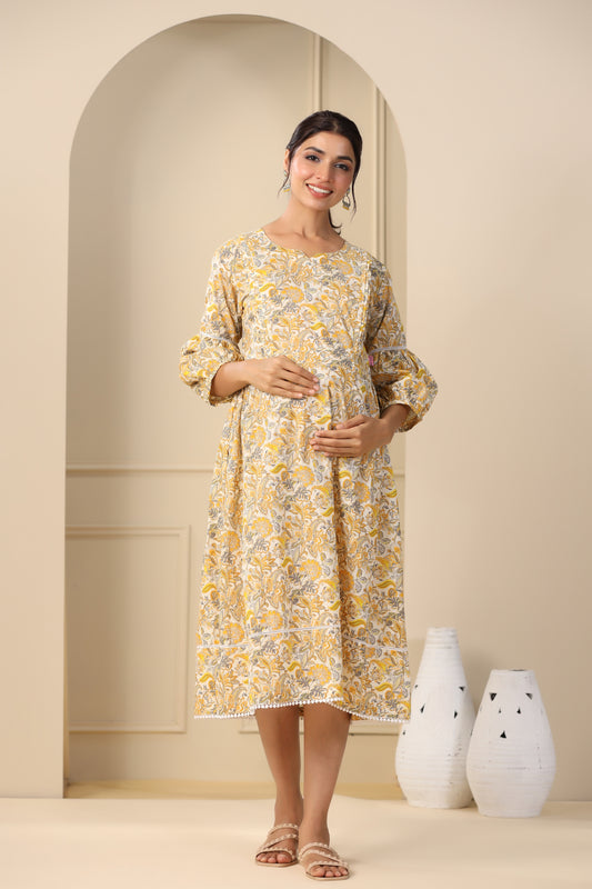 Floral Duality Yellow Maternity & Nursing Dress