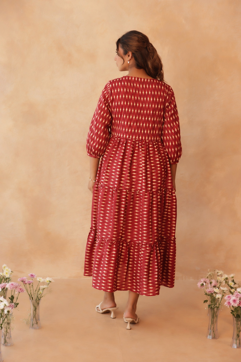 Crimson Ikkat Trail Maternity & Nursing Tier Dress