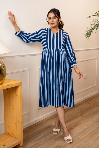 Azure Tide Stripeplay Maternity & Nursing Dress
