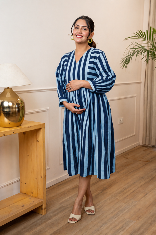 Azure Tide Stripeplay Maternity & Nursing Dress