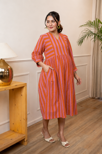 Coral Blush Stripeplay Maternity & Nursing Dress