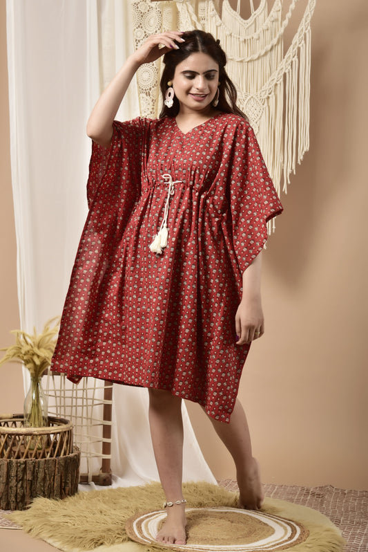 Minimalist Pattern On Red Cotton Midi Kaftan