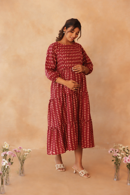 Crimson Ikkat Trail Maternity & Nursing Tier Dress