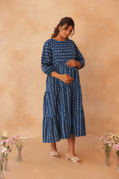 Indigo Ikkat Trail Maternity & Nursing Tier Dress