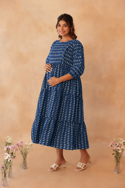 Indigo Ikkat Trail Maternity & Nursing Tier Dress