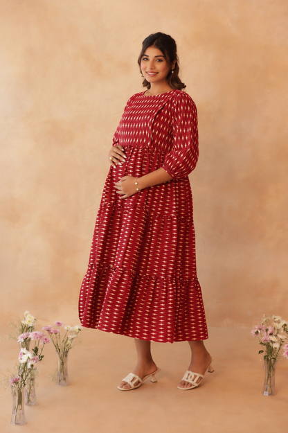 Crimson Ikkat Trail Maternity & Nursing Tier Dress