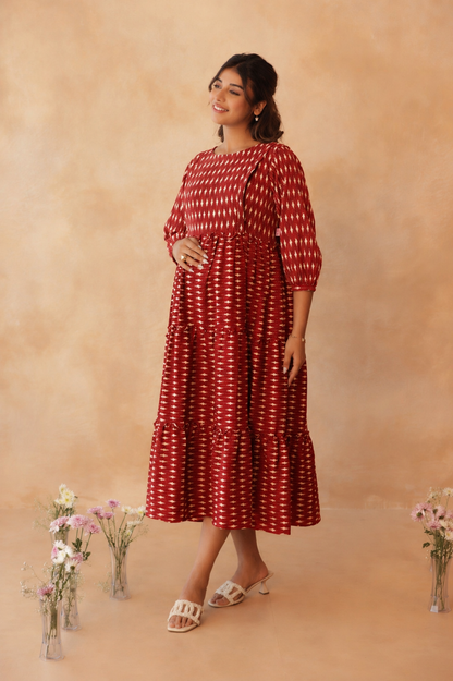 Crimson Ikkat Trail Maternity & Nursing Tier Dress