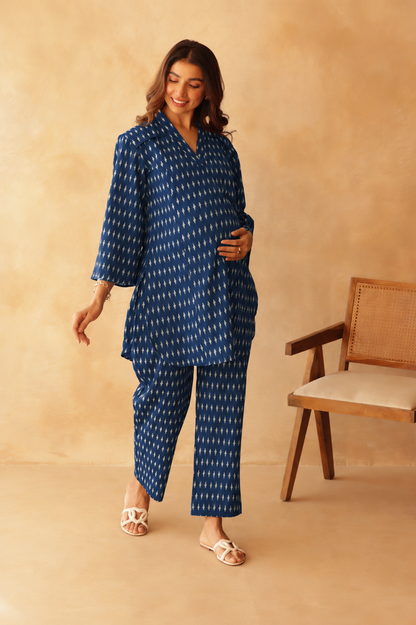 Indigo Ikkat Trail Maternity & Nursing Co-ord Set