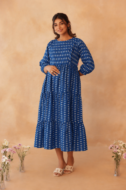 Indigo Ikkat Trail Maternity & Nursing Tier Dress
