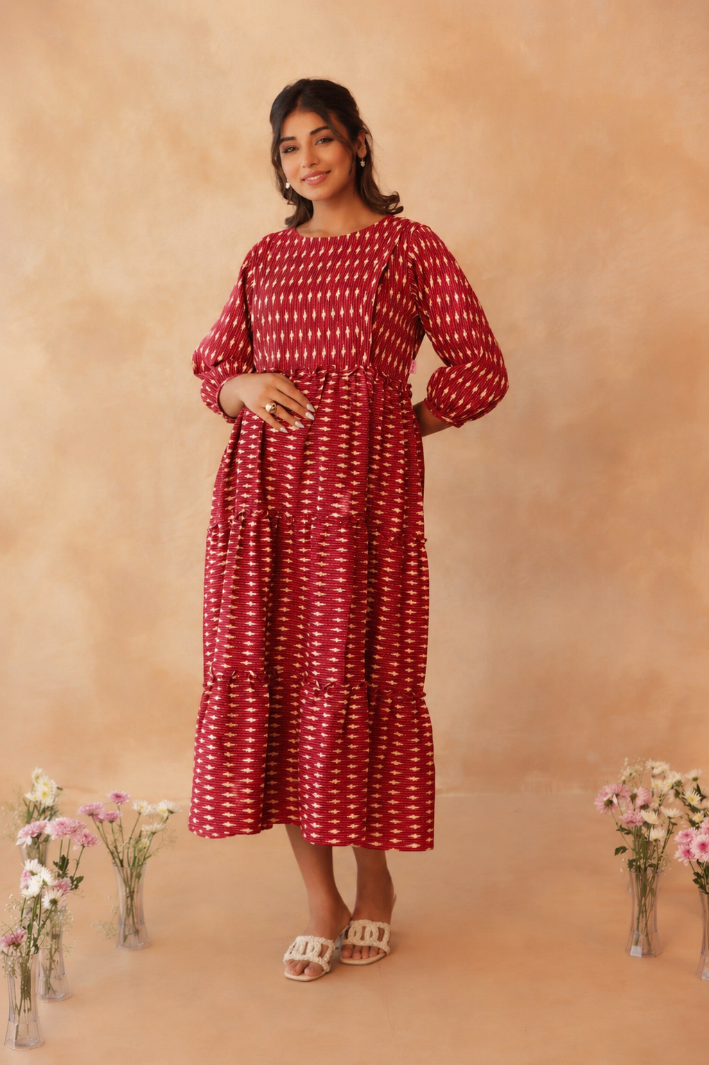 Crimson Ikkat Trail Maternity & Nursing Tier Dress