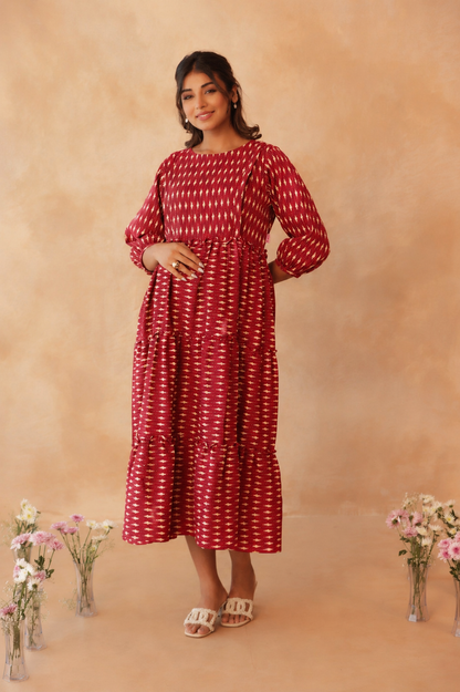 Crimson Ikkat Trail Maternity & Nursing Tier Dress