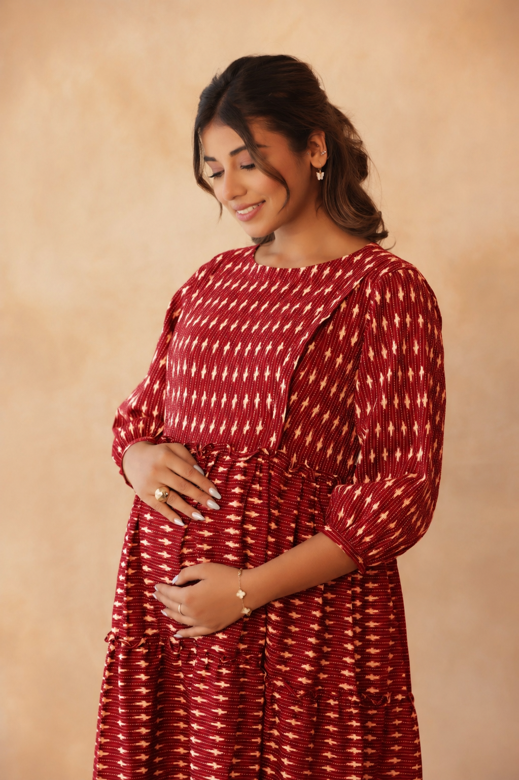 Crimson Ikkat Trail Maternity & Nursing Tier Dress
