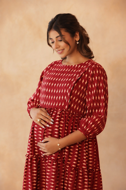 Crimson Ikkat Trail Maternity & Nursing Tier Dress