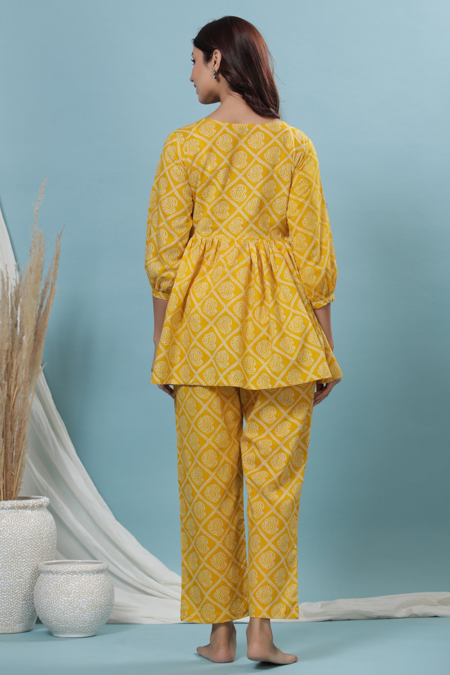 Patterned Bandhej On Yellow Maternity & Nursing Set