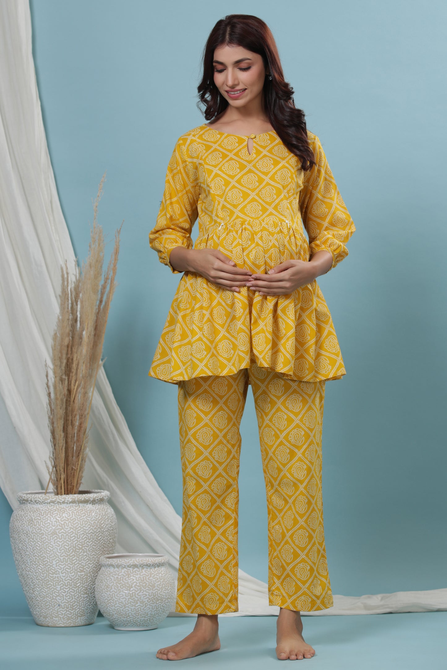 Patterned Bandhej On Yellow Maternity & Nursing Set