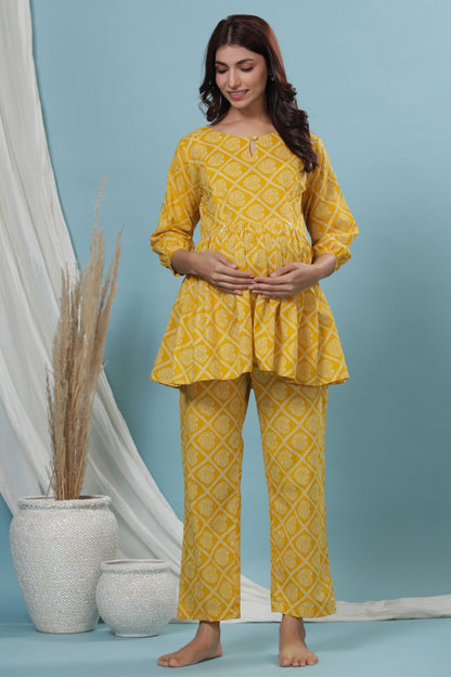 Patterned Bandhej On Yellow Maternity & Nursing Set