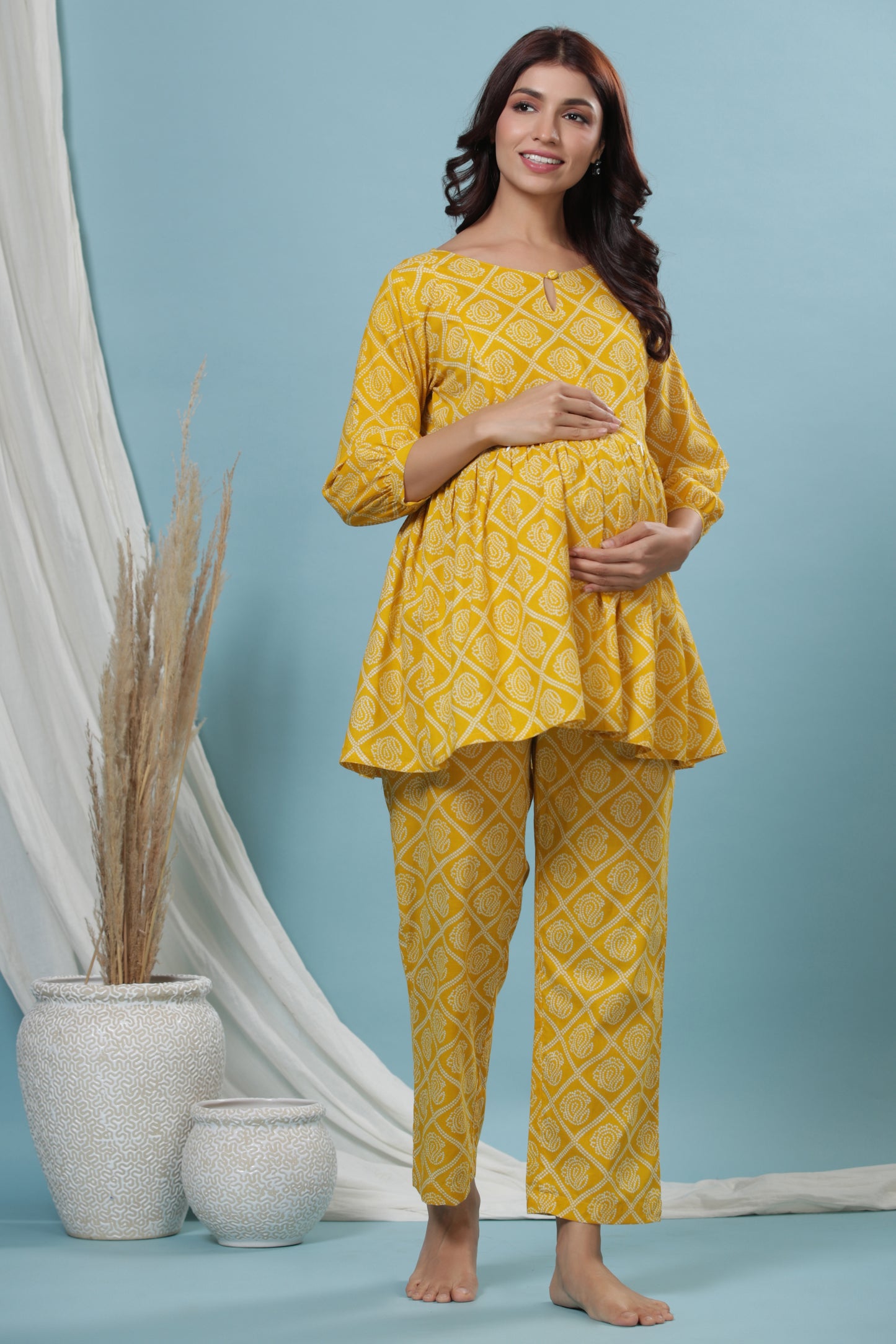 Patterned Bandhej On Yellow Maternity & Nursing Set