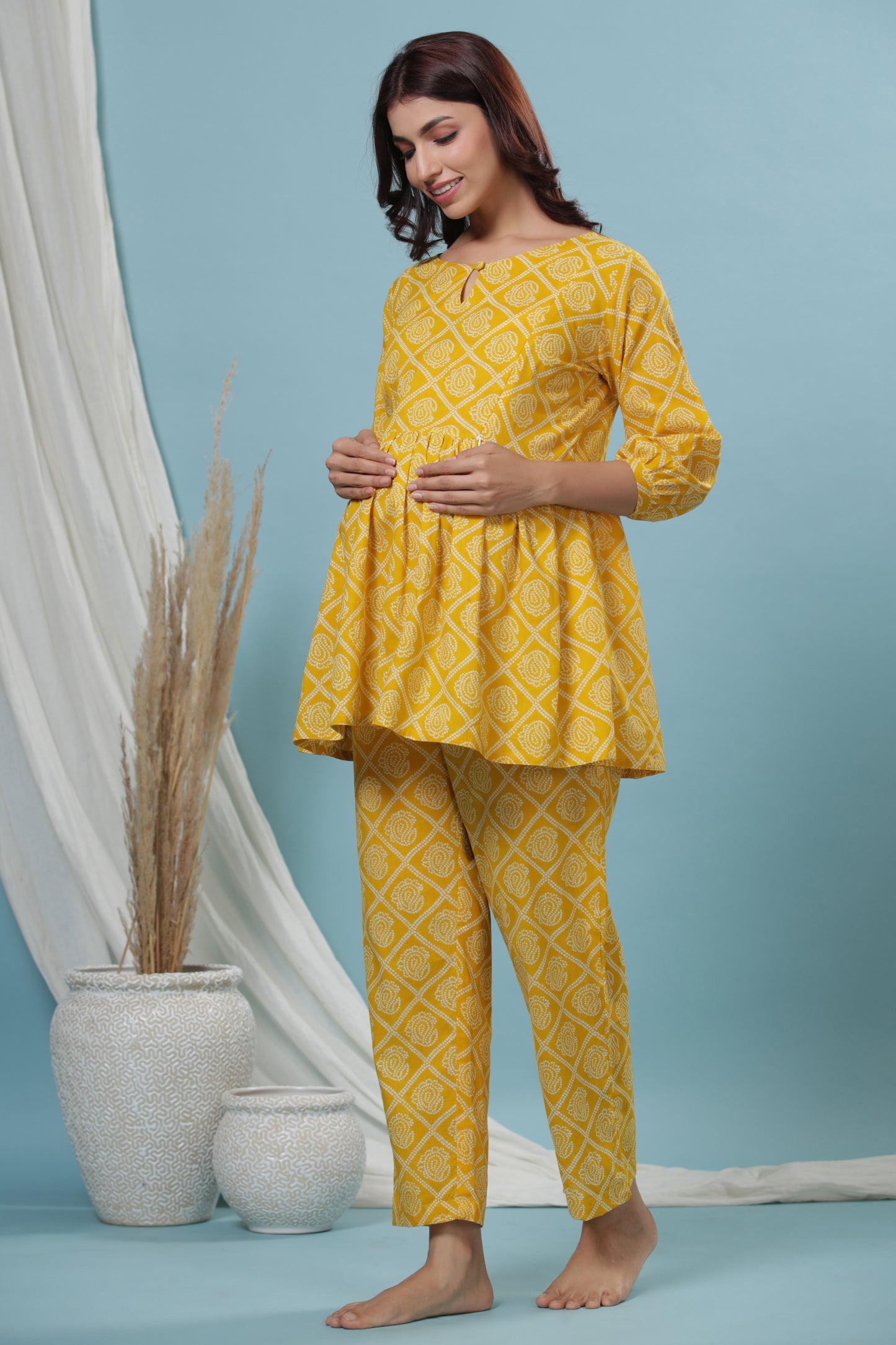 Patterned Bandhej On Yellow Maternity & Nursing Set