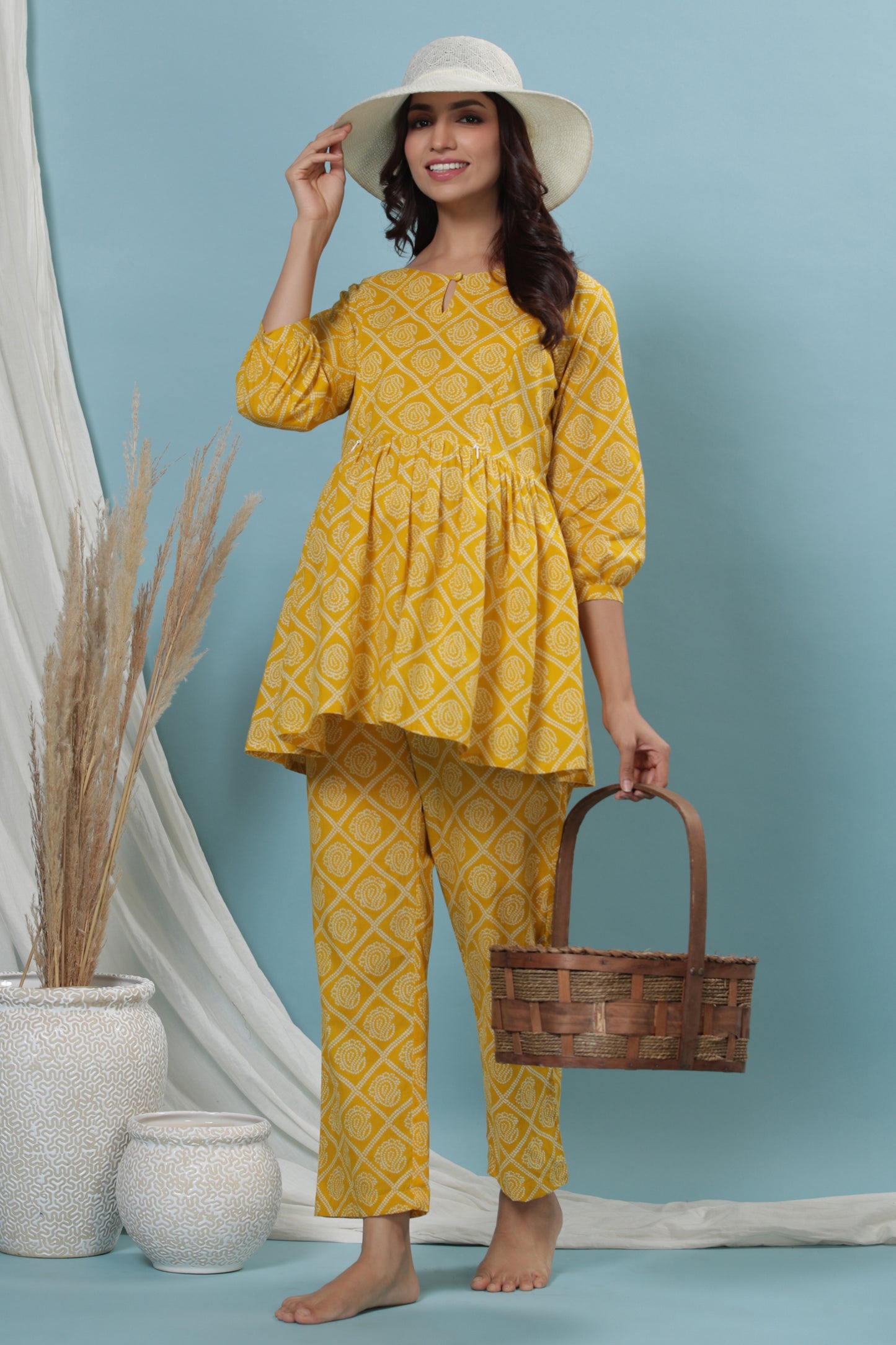 Patterned Bandhej On Yellow Maternity & Nursing Set