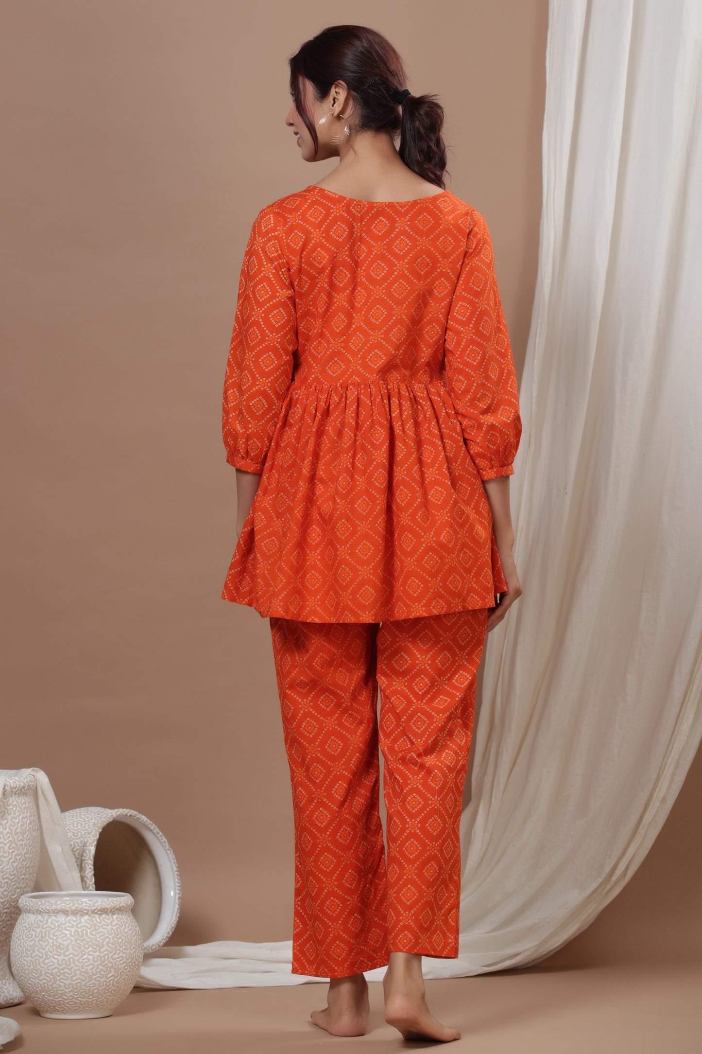 Patterned Bandhej On Orange Maternity & Nursing Set