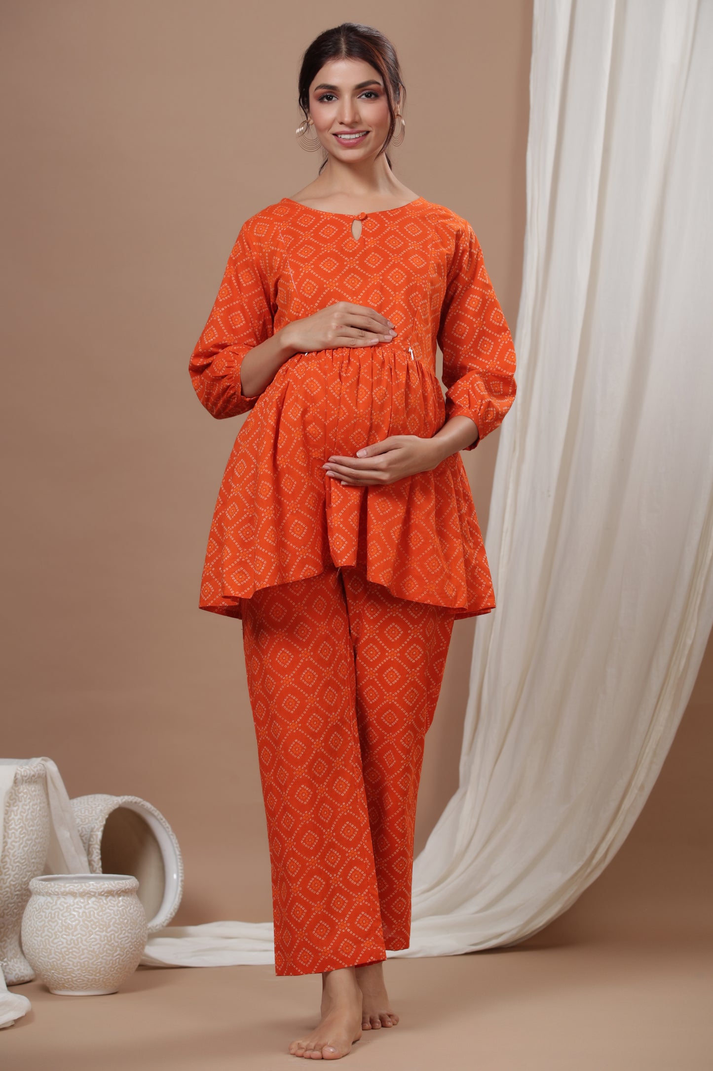 Patterned Bandhej On Orange Maternity & Nursing Set