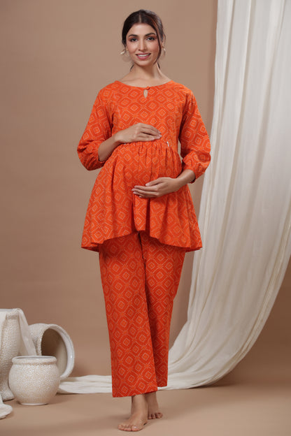 Patterned Bandhej On Orange Maternity & Nursing Set