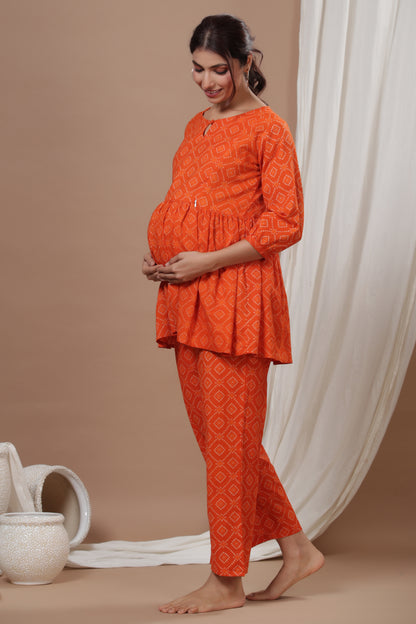 Patterned Bandhej On Orange Maternity & Nursing Set