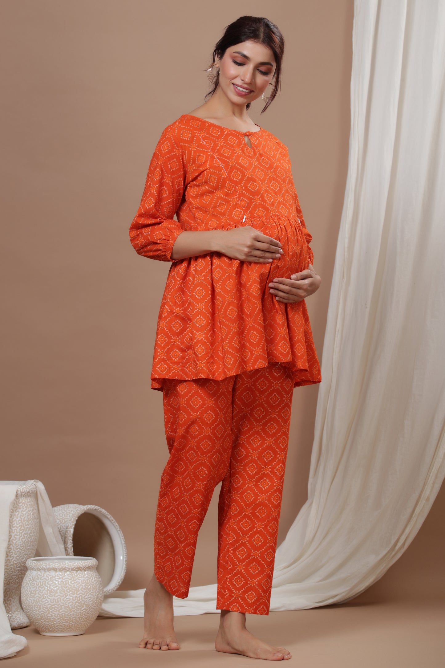 Patterned Bandhej On Orange Maternity & Nursing Set