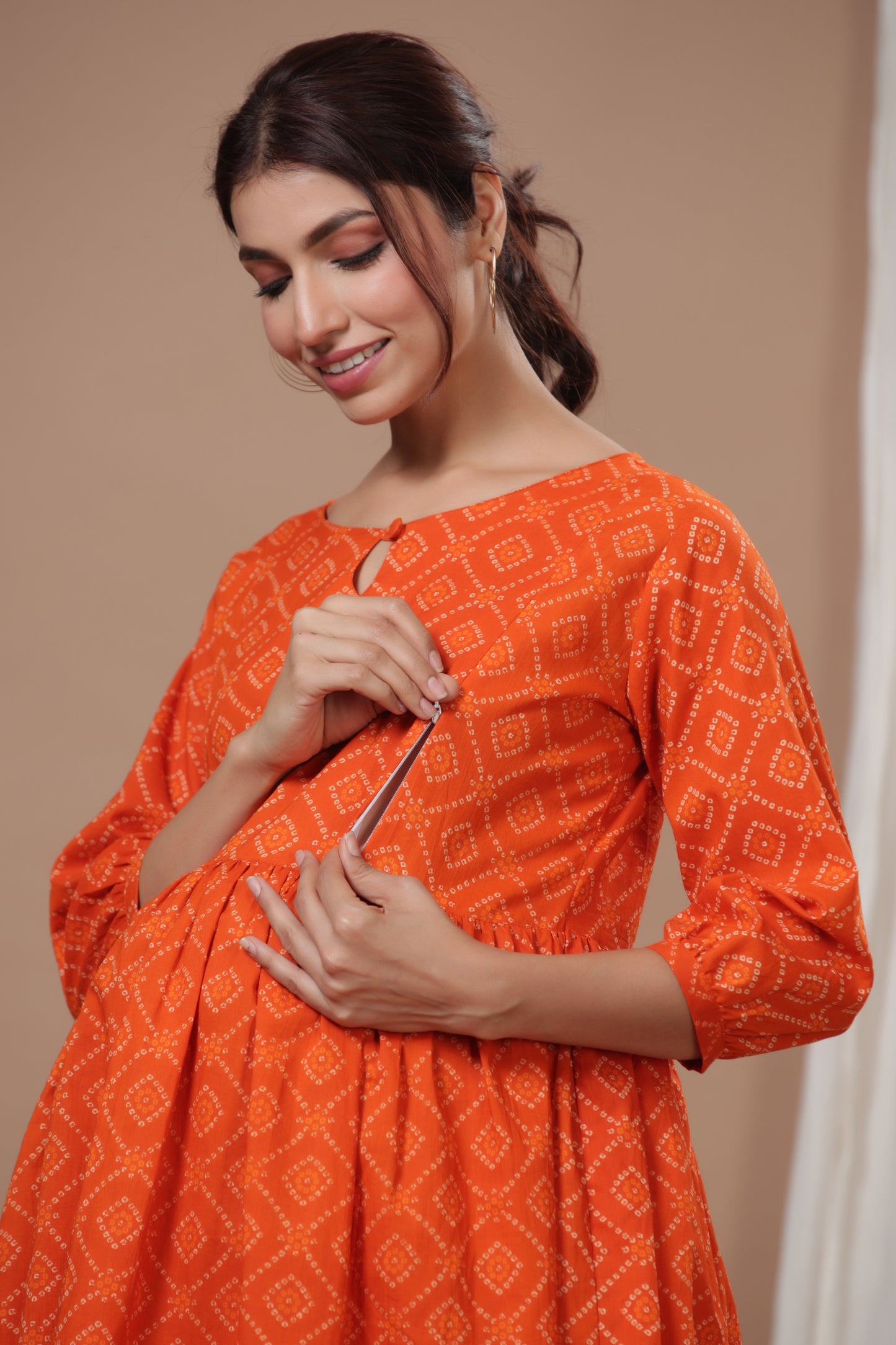 Patterned Bandhej On Orange Maternity & Nursing Set