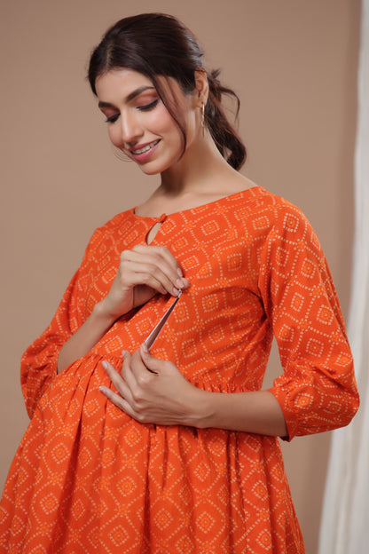 Patterned Bandhej On Orange Maternity & Nursing Set