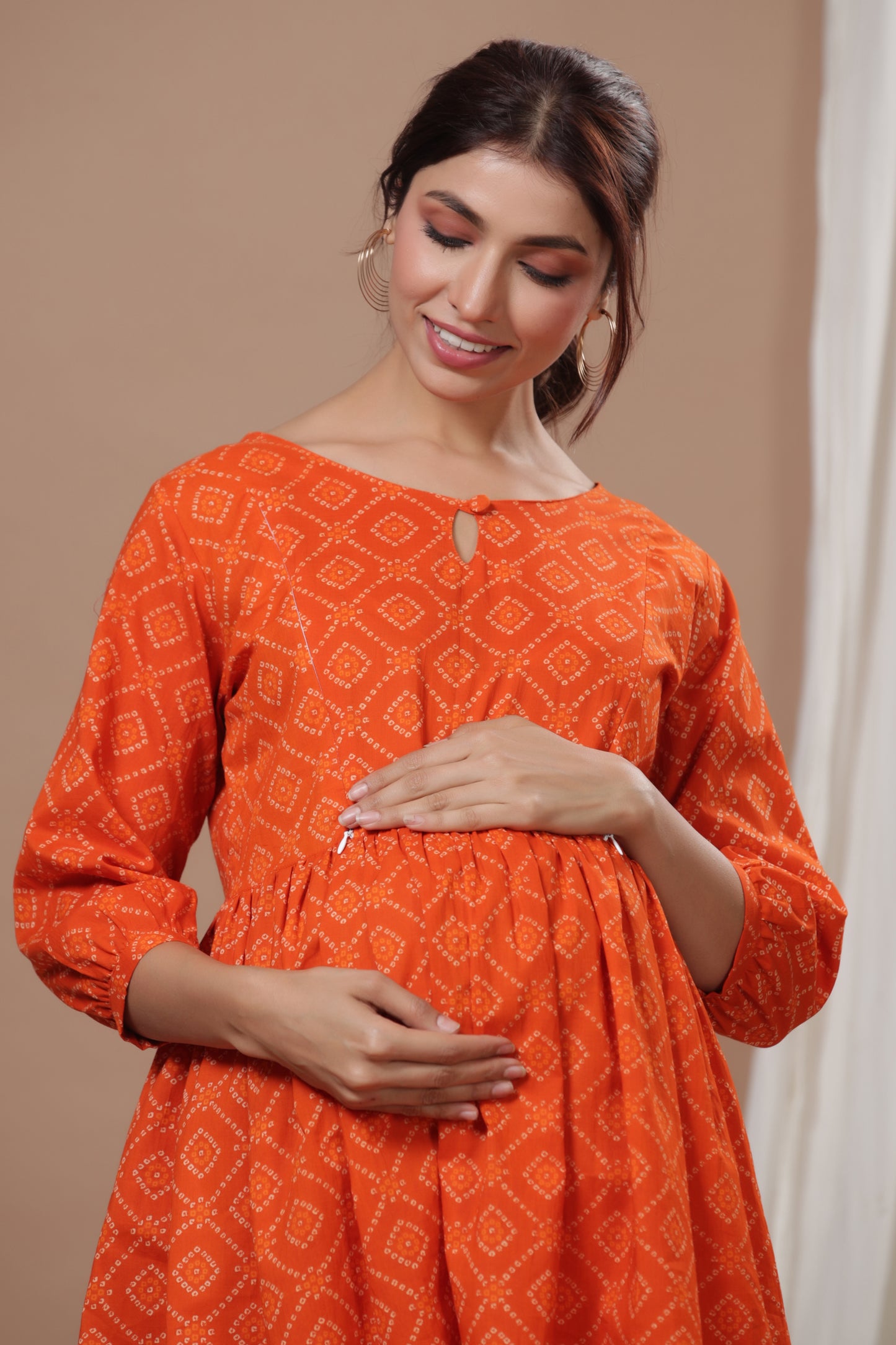 Patterned Bandhej On Orange Maternity & Nursing Set