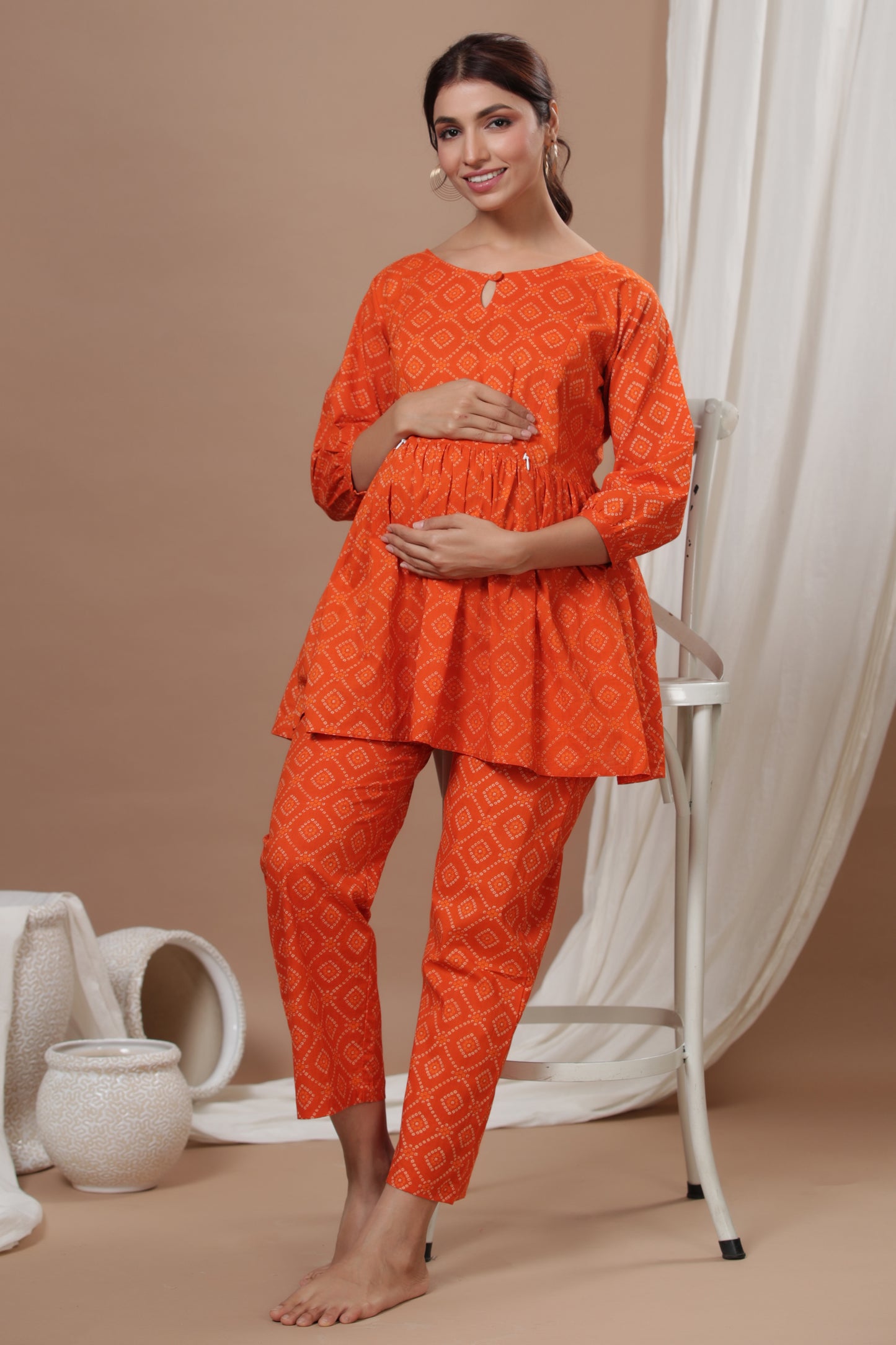 Patterned Bandhej On Orange Maternity & Nursing Set