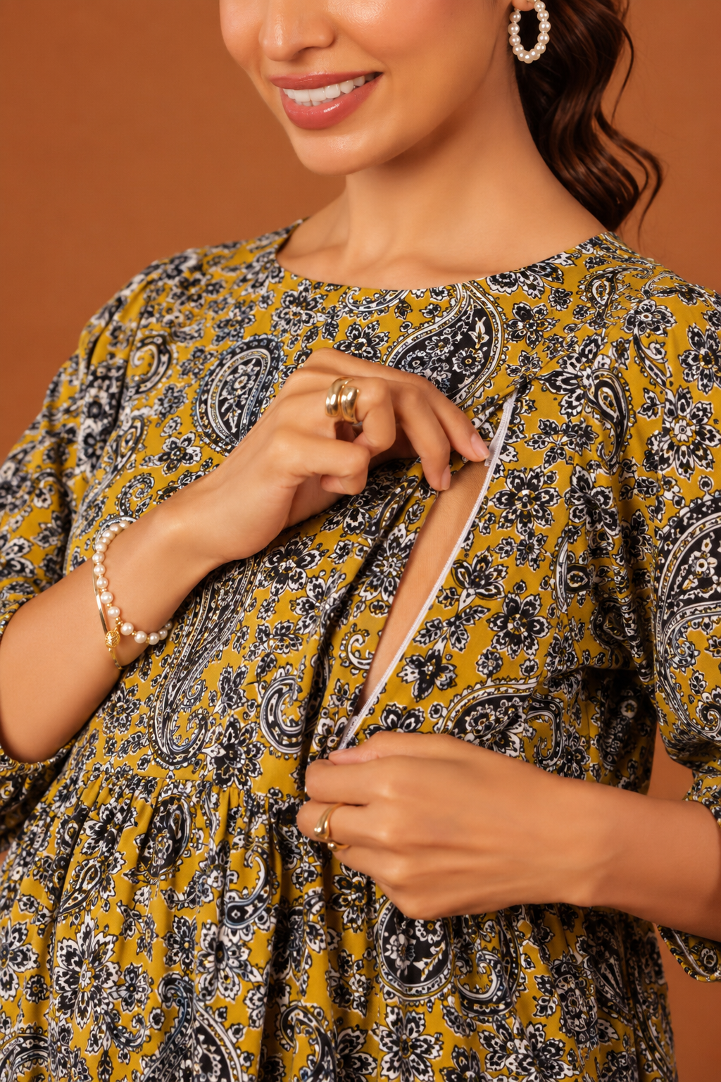 Mustard Baroque Bloom Maternity & Nursing Tier Dress