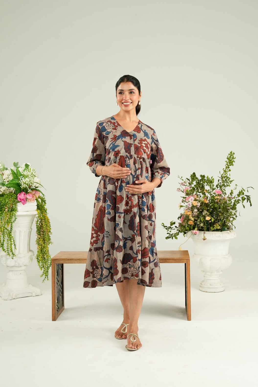 Dusty Blue Garden Maternity & Nursing Tier Dress