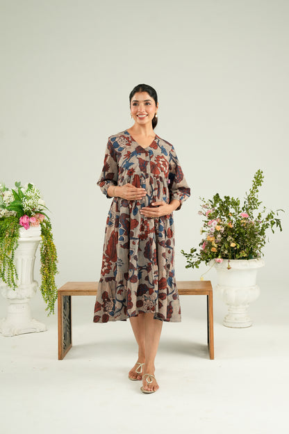 Dusty Blue Garden Maternity & Nursing Tier Dress