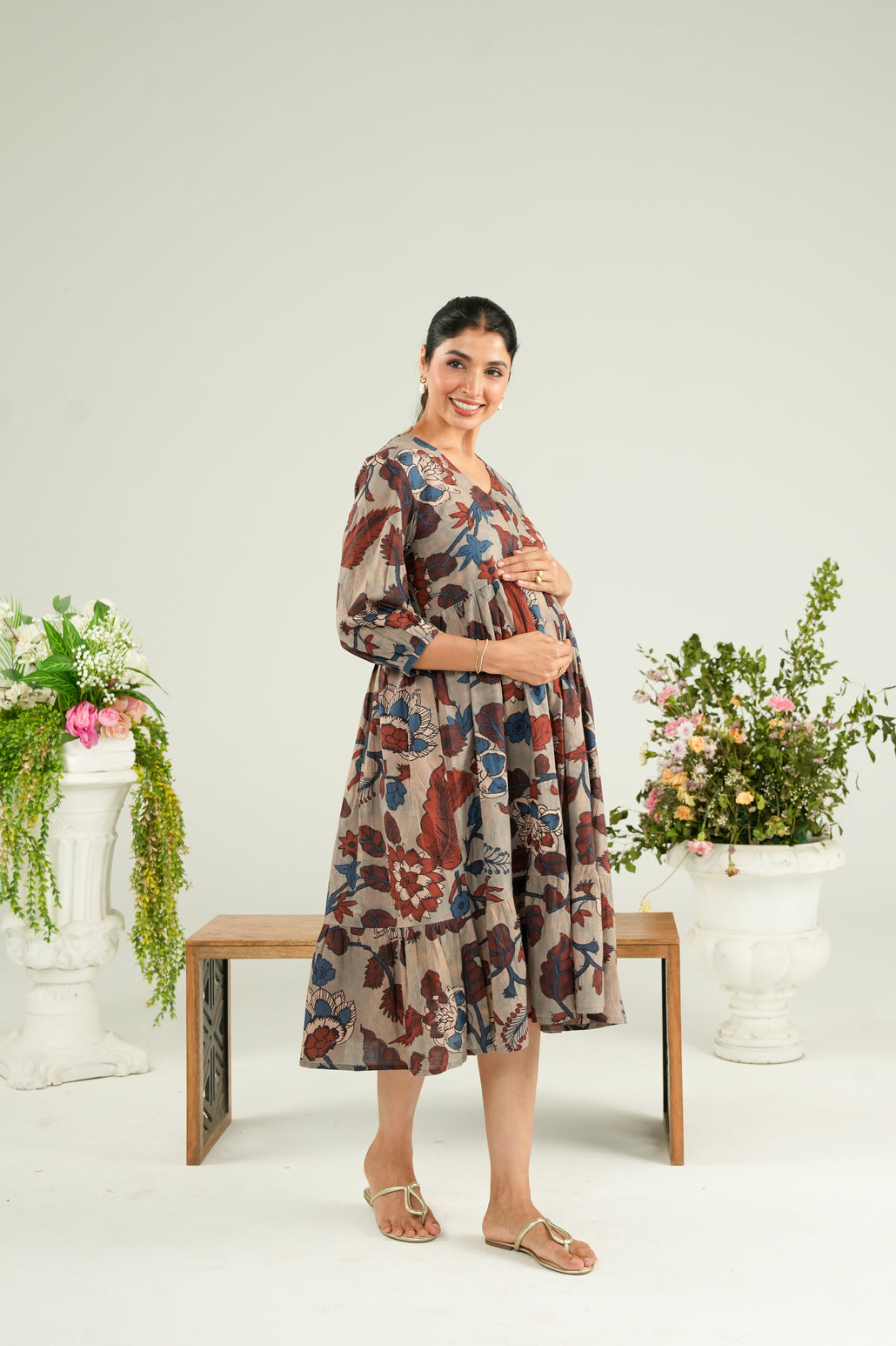 Dusty Blue Garden Maternity & Nursing Tier Dress