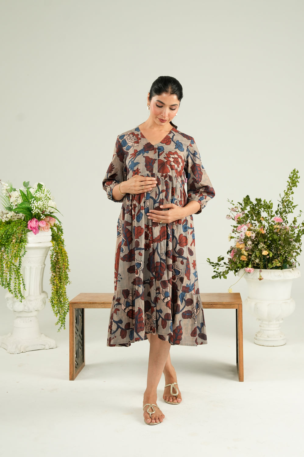 Dusty Blue Garden Maternity & Nursing Tier Dress