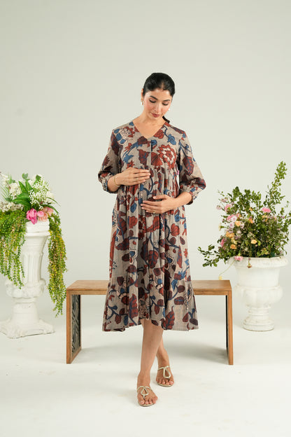 Dusty Blue Garden Maternity & Nursing Tier Dress