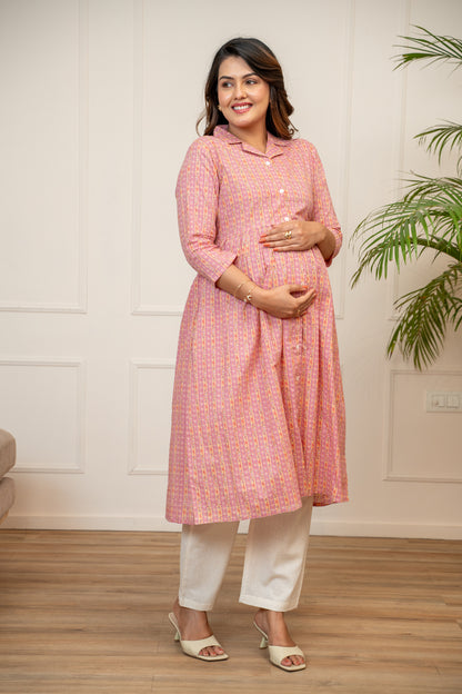 Gulabi Vintage Stripe Buttoned Cotton Maternity & Nursing Kurta