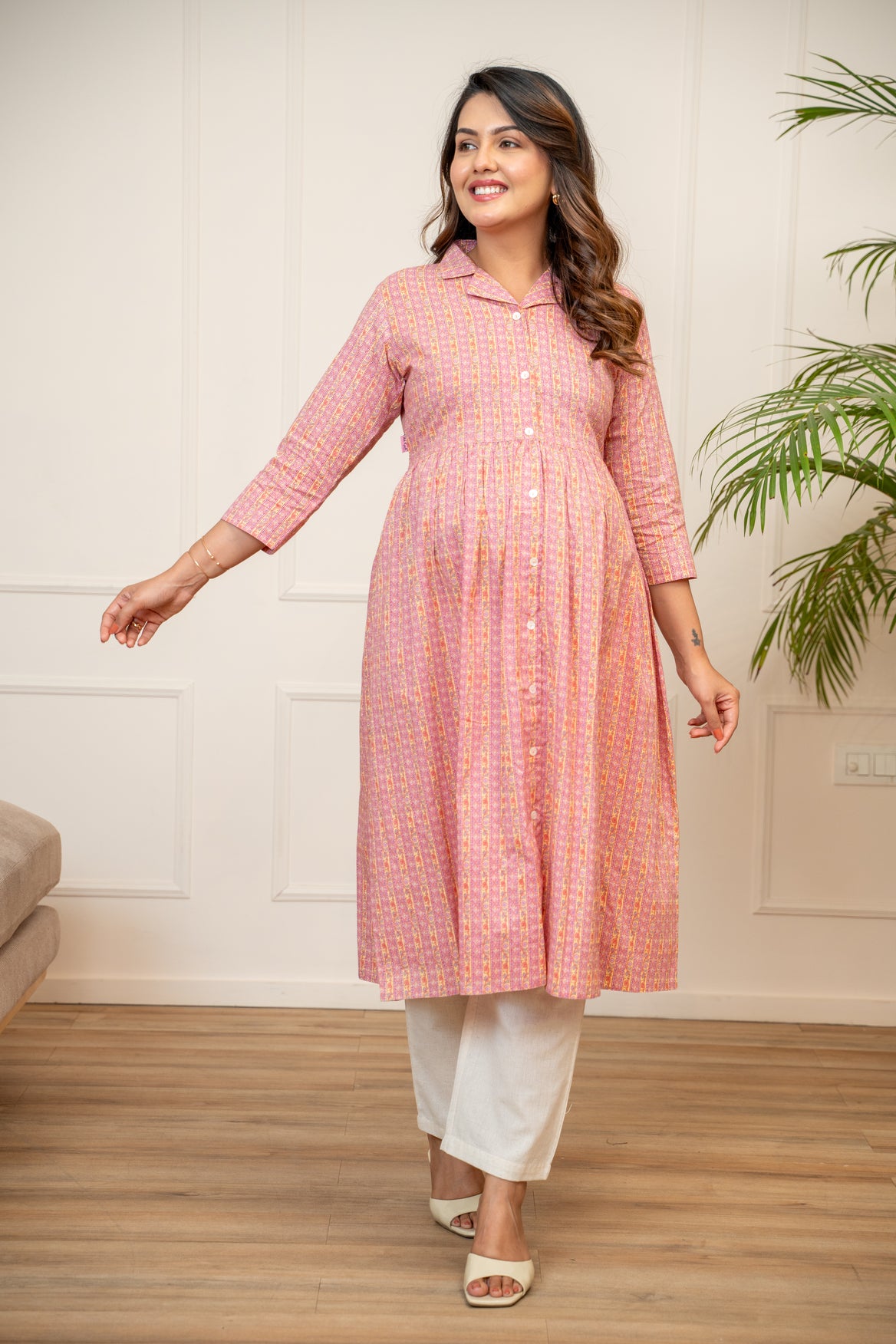 Gulabi Vintage Stripe Buttoned Cotton Maternity & Nursing Kurta