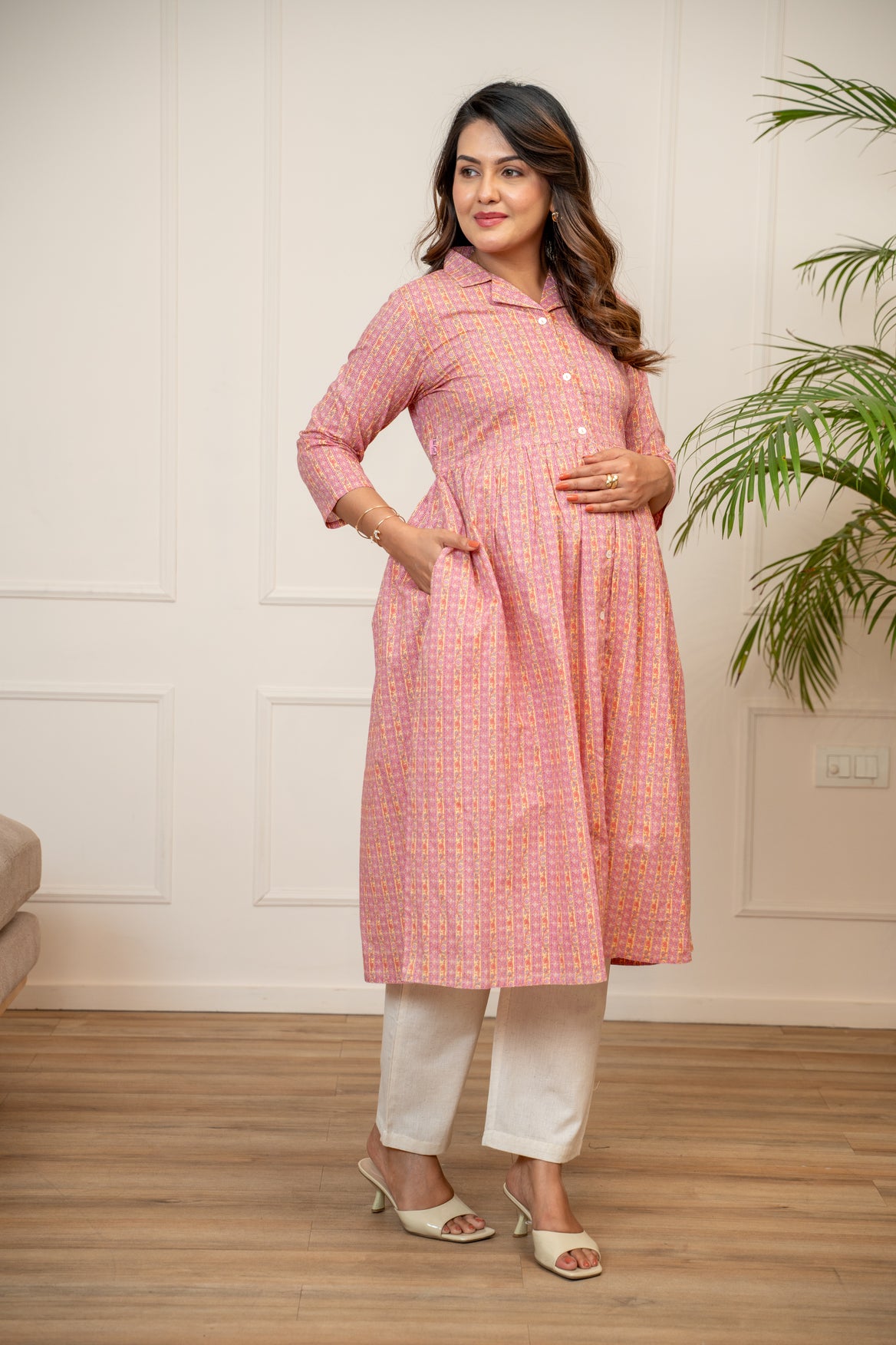 Gulabi Vintage Stripe Buttoned Cotton Maternity & Nursing Kurta