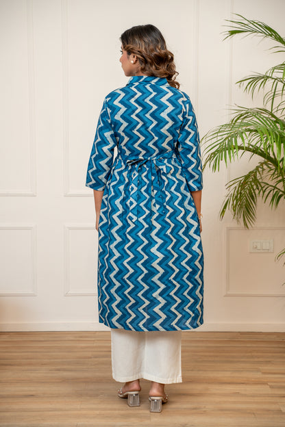 Indigo Ripple Buttoned Cotton Maternity & Nursing Kurta