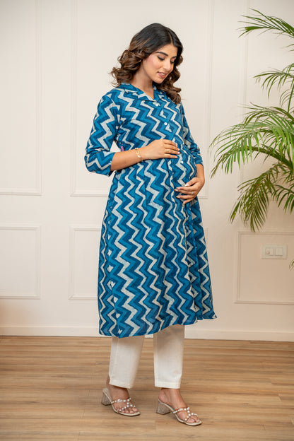 Indigo Ripple Buttoned Cotton Maternity & Nursing Kurta