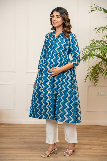 Indigo Ripple Buttoned Cotton Maternity & Nursing Kurta