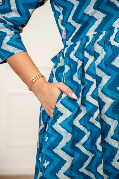 Indigo Ripple Buttoned Cotton  Maternity & Nursing Dress