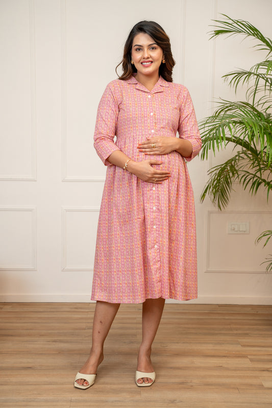 Gulabi Vintage Stripe Buttoned Cotton  Maternity & Nursing Dress