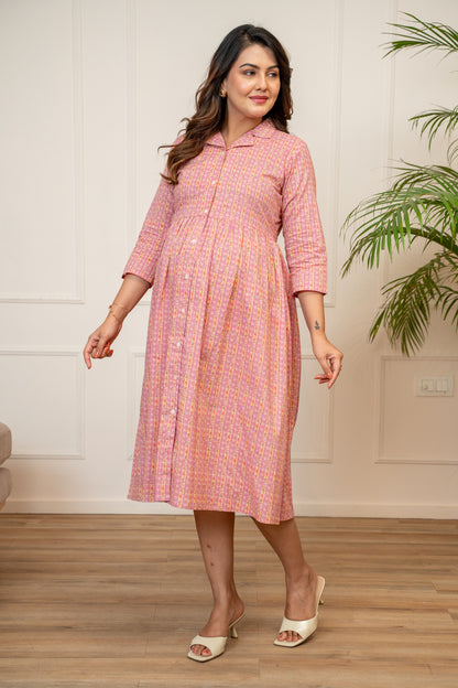 Gulabi Vintage Stripe Buttoned Cotton  Maternity & Nursing Dress