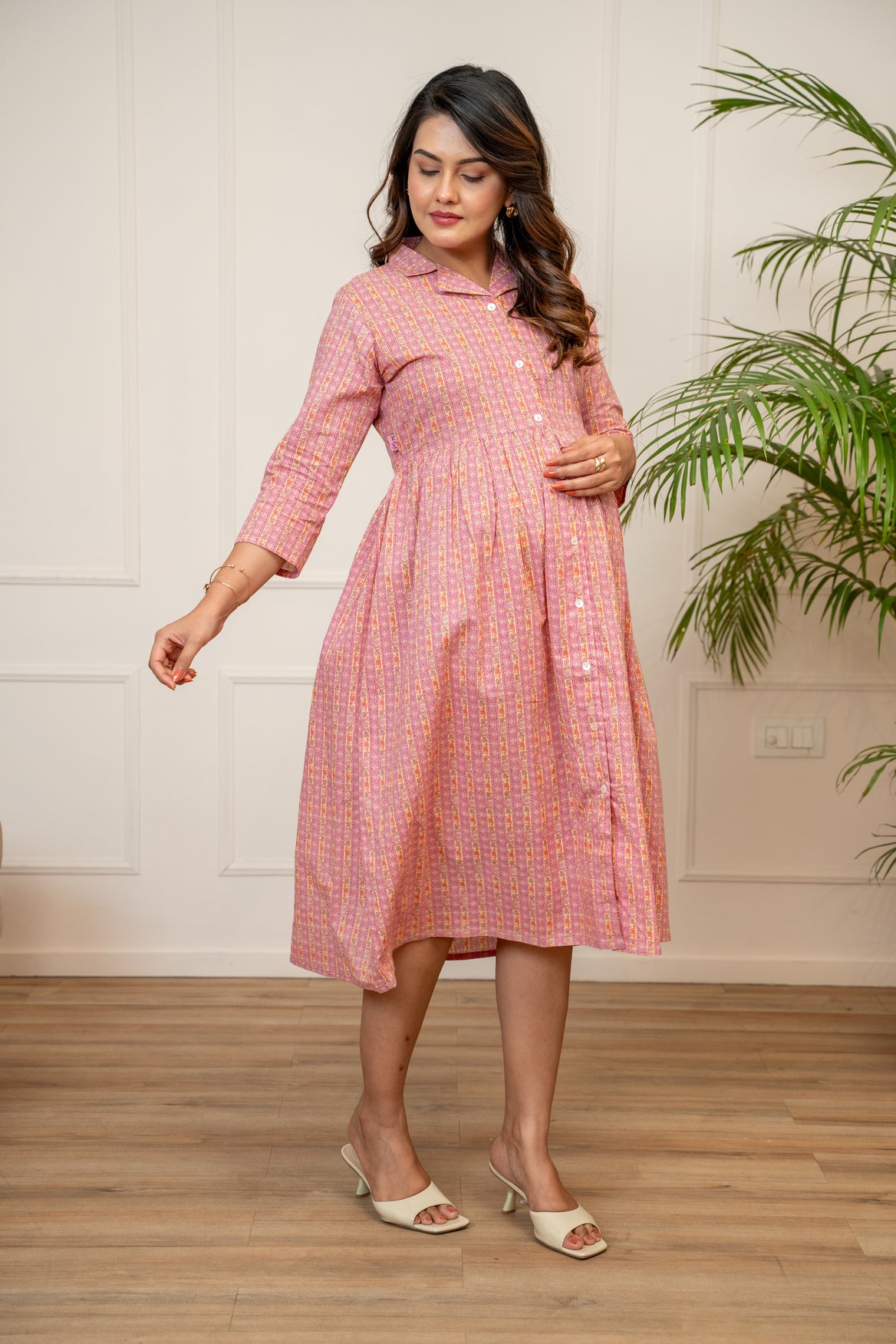 Gulabi Vintage Stripe Buttoned Cotton  Maternity & Nursing Dress